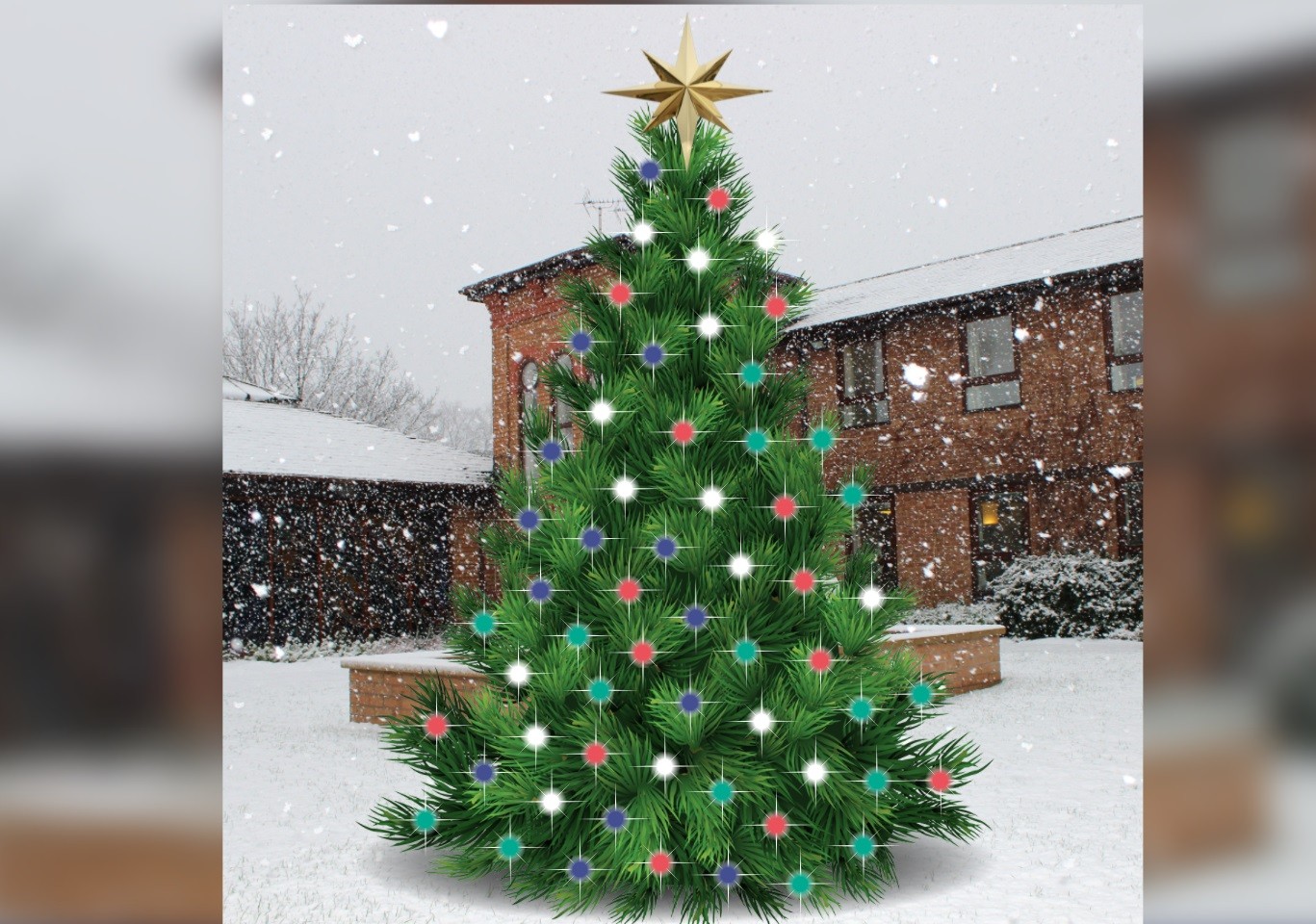 A snowy courtyard with a Christmas tree covered in multicoloured lights and a star on the top.