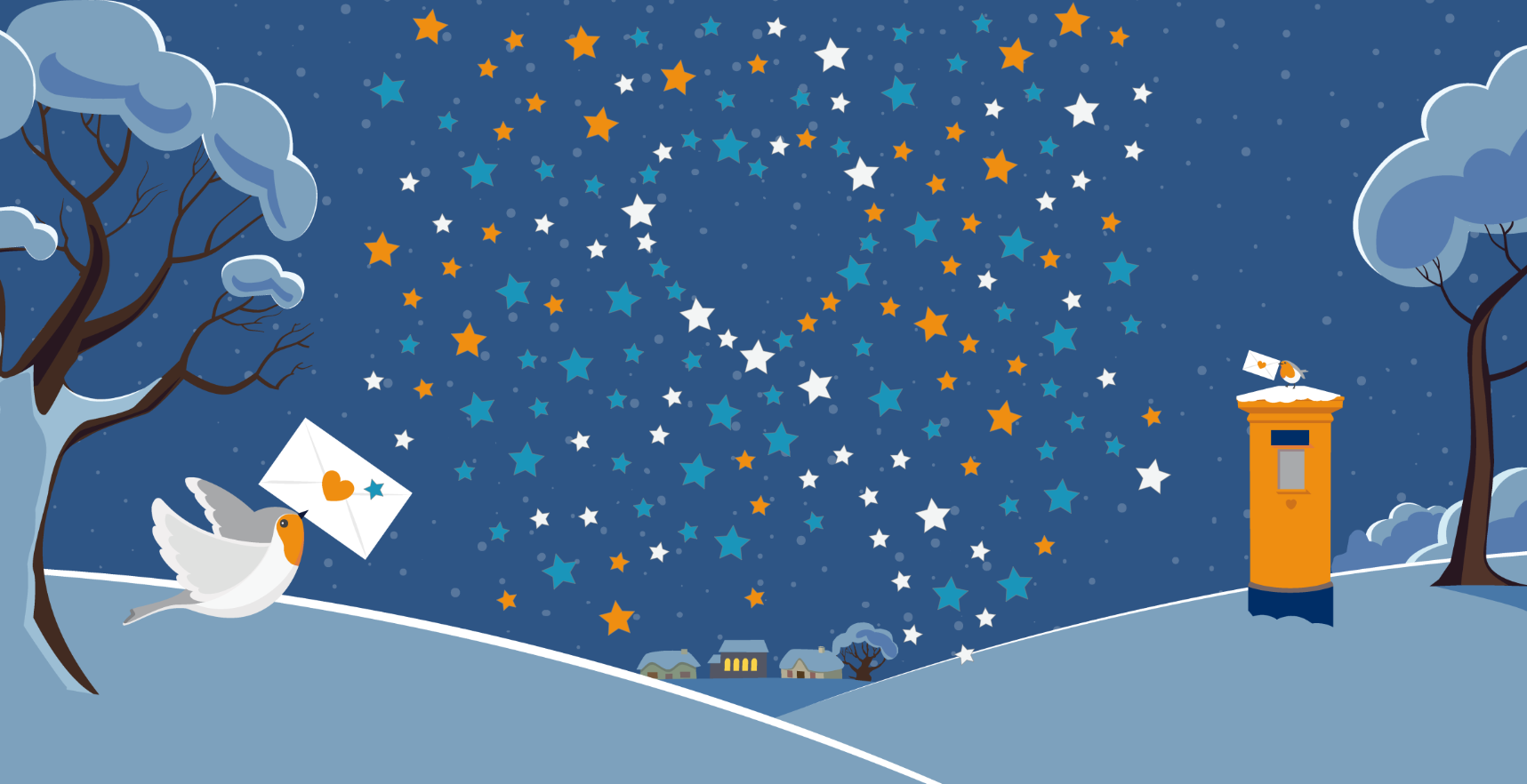 A night sky with stars that form a heart with a robin in the foreground with an envelope in its beak.