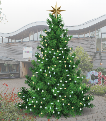 Christmas Tree full of lights, sitting in front of Robin House, Balloch, part of Children's Hospices Across Scotland.