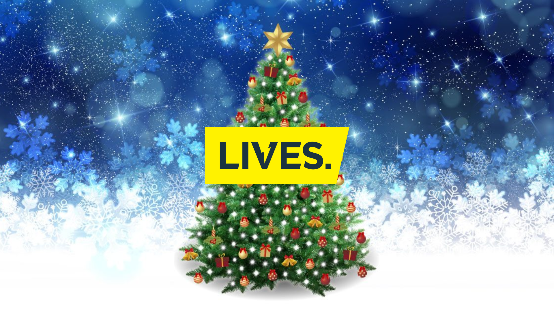 A Christmas tree on a blue snowy background, with LIVES' logo to the left.