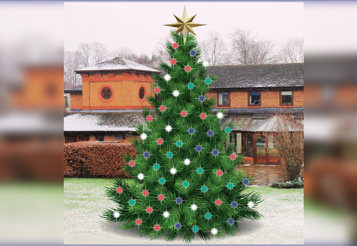 A snowy courtyard with a Christmas tree covered in multicoloured lights and a star on the top.