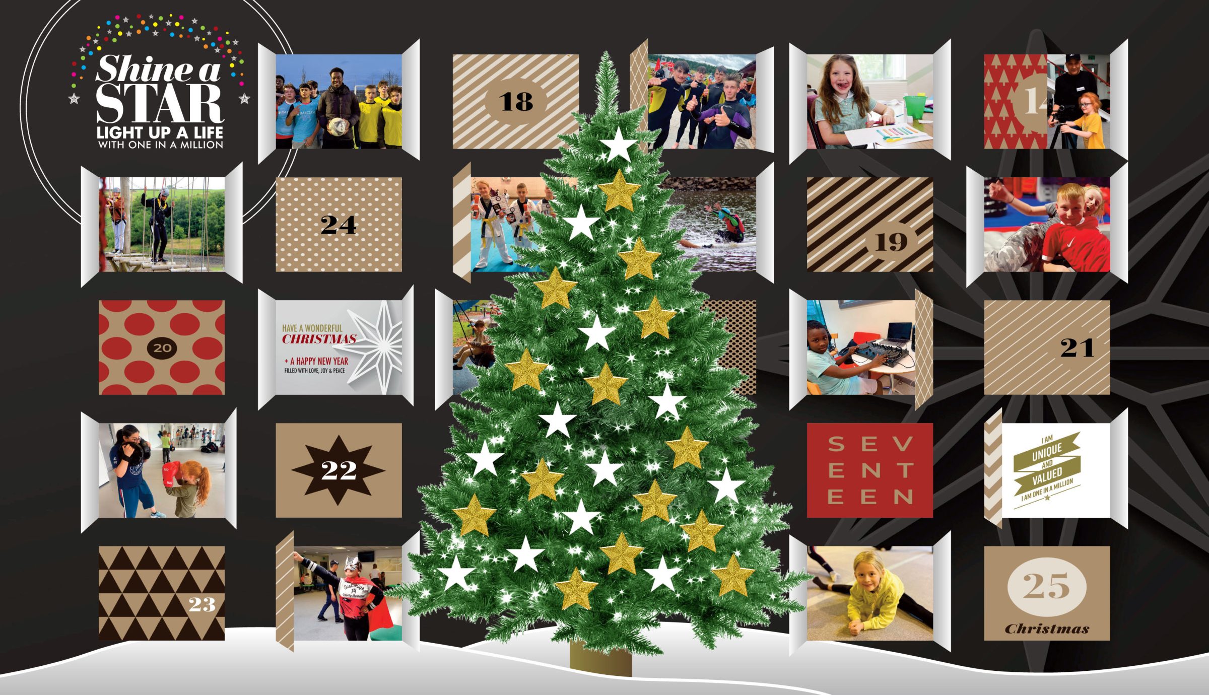 An advent calendar with some open windows showing pictures of children engaging in activities at One In A Million programmes