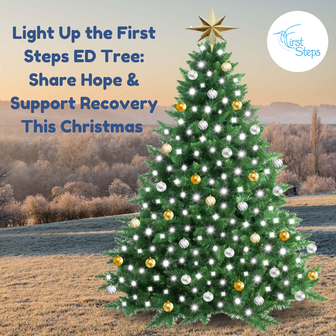 Christmas tree with baubles on snowy field background with first steps ed logo