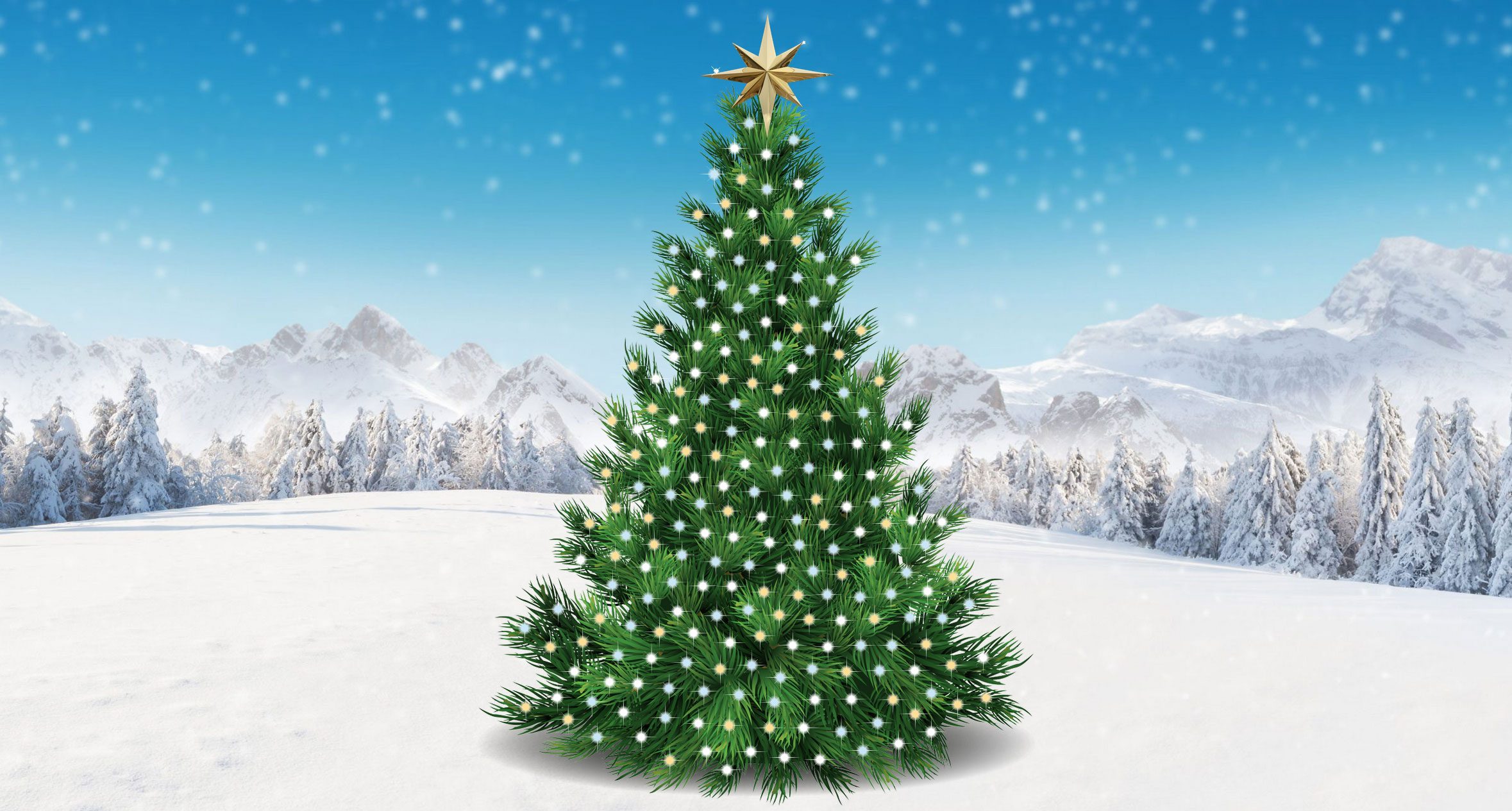 A Christmas tree in a snowy landscape, decorated with lights and a golden star on top.
