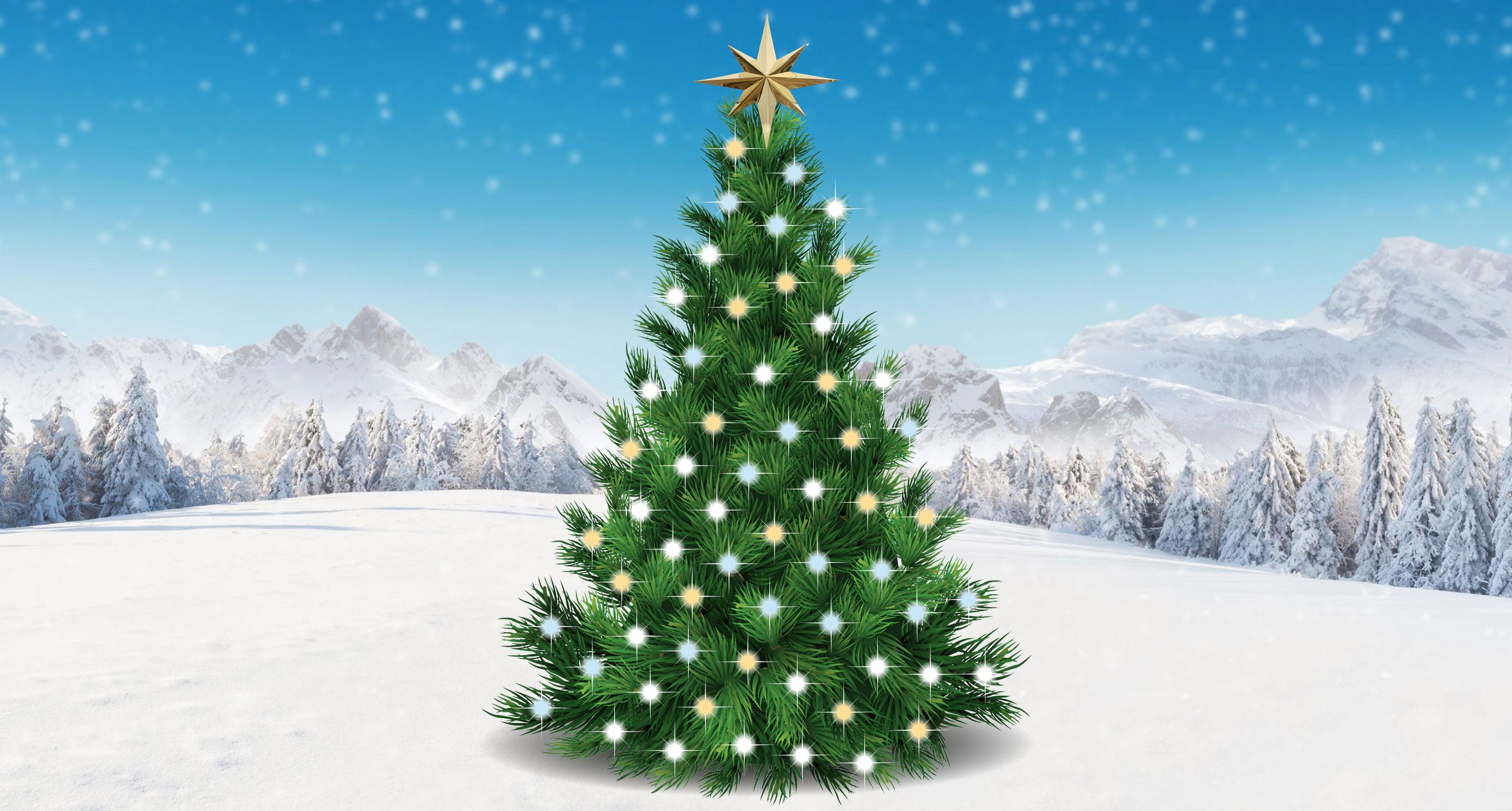 A Christmas tree in a snowy landscape, decorated with lights and a golden star on top.