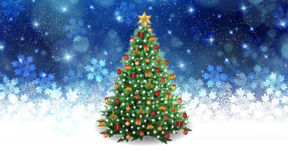 A fully decorated Christmas tree on a sparkly blue background. The tree has a gold star on top and is decorated with lights, baubles, bells, candles and presents.