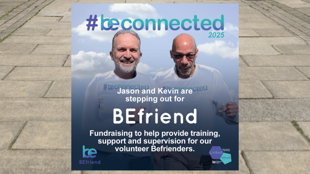 A photo of the two people doing the challenge, with text 'Jason and Kevin are stepping out for BEfriend.