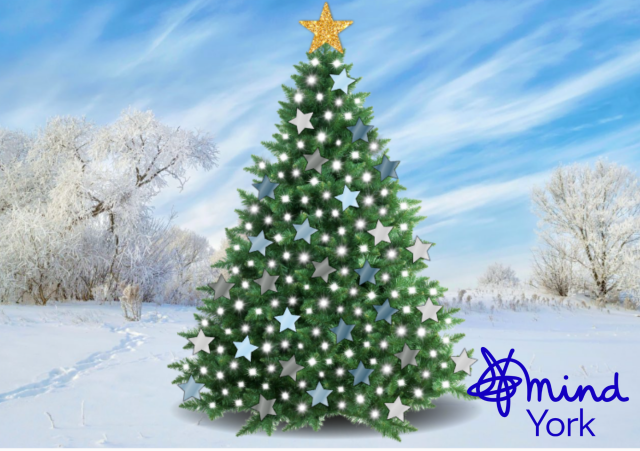 A crisp snowy scene with a Christmas tree in the foreground decorated with stars and lights