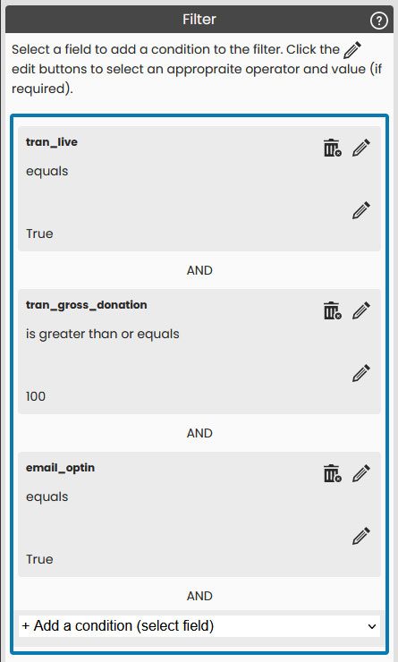 A screenshot showing the filter settings of a custom report