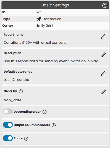 A screenshot showing the basic settings of a custom report